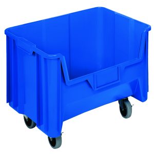 The Quantum Mobile Container is a large blue stacking bin, measuring 15-1/4 x 19-7/8 x 15-7/16, made from durable injection-molded high-density polypropylene. It includes four 3 polyurethane swivel casters and features a six 1/4 drill hole pattern for drainage and air circulation.