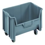 The Quantum Mobile Container (15-1/4 x 19-7/8 x 15-7/16) is a gray, rectangular, injection-molded high-density polypropylene unit with four 3 polyurethane swivel casters. It features a six 1/4 drill hole pattern on the bottom for drainage and air circulation, making stacking simpler. Made in the USA.