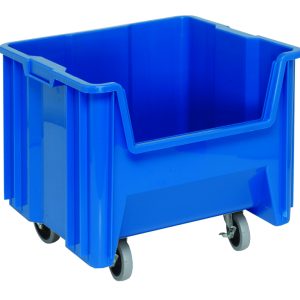 The Quantum Mobile Container, made in the USA and stackable with dimensions 17-1/2 x 16-1/2 x 15-1/2, is blue with ribbed sidewalls for added strength. It features a high-density polypropylene bin on four 3 polyurethane swivel casters, an open top, front cutout, and six drill holes for drainage and airflow.