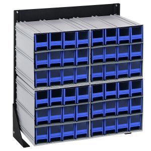 The Quantum Interlocking Storage Cabinets Floor Stand features 48 blue drawers in a 4x6 grid. The single-sided black coated 14-gauge steel frame measures 12D x 23-5/8W x 28H and is ideal for garages or workshops, offering neat organization for small items with interlocking storage capability.