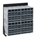The Quantum Interlocking Storage Cabinets Floor Stand is a single-sided organizer, measuring 12D x 23-5/8W x 28H, with a load capacity of 300 lbs. It includes four Qic-122 units and features forty-eight gray drawers on a black-coated, steel frame.