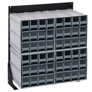 The Quantum Interlocking Storage Cabinets Floor Stand is a single-sided organizer, measuring 12D x 23-5/8W x 28H, with a load capacity of 300 lbs. It includes four Qic-122 units and features forty-eight gray drawers on a black-coated, steel frame.