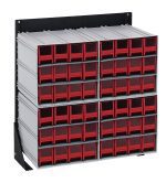This Quantum Interlocking Storage Cabinets Floor Stand, with a single-sided frame, includes (4) QIC-122 models and features (48) small red drawers. It measures 12D x 23-5/8W x 28H and supports up to 300 lbs., making it perfect for efficiently organizing small items.