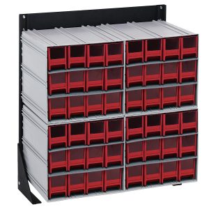 This Quantum Interlocking Storage Cabinets Floor Stand, with a single-sided frame, includes (4) QIC-122 models and features (48) small red drawers. It measures 12D x 23-5/8W x 28H and supports up to 300 lbs., making it perfect for efficiently organizing small items.