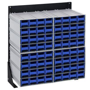 The Quantum Interlocking Storage Cabinets Floor Stand features 64 blue drawers in a compact 12D x 23-5/8W x 28H design. Its interlocking system allows seamless integration with single-sided units, offering a durable storage solution made from black-coated 14-gauge steel with a 300 lbs load capacity.