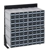 A Quantum Interlocking Storage Cabinet floor stand, single-sided and black-coated, features a 300 lbs. load capacity. It includes (4) QIC-161 bins and (64) gray drawers, providing efficient organization for tools in multiple rows, supported by a sturdy 14 gauge steel frame. Dimensions: 12D x 23-5/8W x 28H.