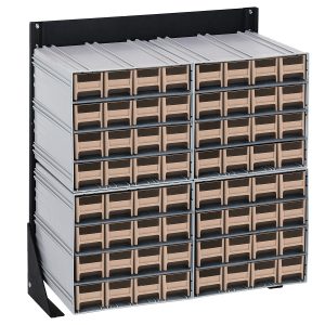 A wall-mounted Quantum Interlocking Storage System features 64 ivory drawers organized in a grid with three rows and ten columns. The black 14-gauge steel frame includes four QIC-161 bins, each measuring 12D x 23-5/8W x 28H, ideal for efficient small item sorting.