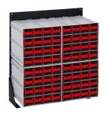 The Quantum Interlocking Storage Cabinets Floor Stand is single-sided with a black coated finish. It includes (4) Qic-161, featuring 64 red drawers for organizing tools. The cabinet measures 12D x 23-5/8W x 28H and has a load capacity of 300 lbs., crafted from durable 14 gauge steel.