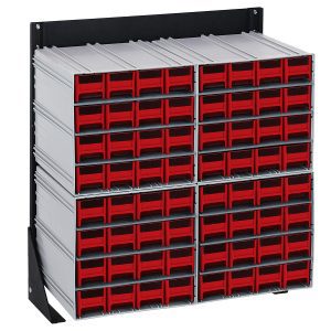 The Quantum Interlocking Storage Cabinets Floor Stand is single-sided with a black coated finish. It includes (4) Qic-161, featuring 64 red drawers for organizing tools. The cabinet measures 12D x 23-5/8W x 28H and has a load capacity of 300 lbs., crafted from durable 14 gauge steel.