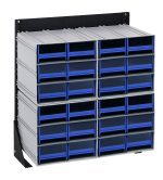 The Quantum Interlocking Storage Cabinets Floor Stand is a single-sided wall-mounted organizer with 24 blue drawers, featuring sturdy black 14-gauge steel and interlocking capabilities; it holds up to 300 lbs and measures 12D x 23-5/8W x 28H.