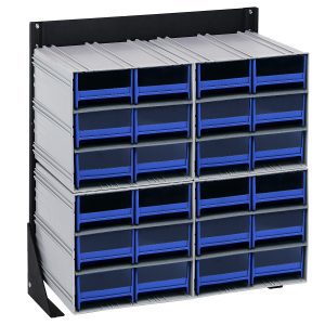 The Quantum Interlocking Storage Cabinets Floor Stand is a single-sided wall-mounted organizer with 24 blue drawers, featuring sturdy black 14-gauge steel and interlocking capabilities; it holds up to 300 lbs and measures 12D x 23-5/8W x 28H.