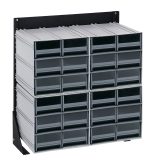 This wall-mounted organizer comes with 24 gray plastic drawers in a 3x4 grid, each featuring a black label slot for easy ID. Supported by a sturdy black metal frame, it mimics the Quantum Interlocking Storage Cabinets Floor Stands durability and sleek design.
