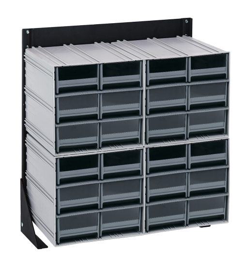 This wall-mounted organizer comes with 24 gray plastic drawers in a 3x4 grid, each featuring a black label slot for easy ID. Supported by a sturdy black metal frame, it mimics the Quantum Interlocking Storage Cabinets Floor Stands durability and sleek design.