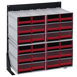 A black-coated Quantum Interlocking Storage Cabinet Floor Stand, single-sided with a 12D x 23-5/8W x 28H frame and a load capacity of 300 lbs. It includes (4) QIC-64 and features (24) red drawers for organizing small items or tools. Made from 14-gauge steel.