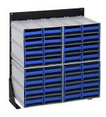The Quantum Interlocking Storage Cabinets Floor Stand features a single-sided design, measuring 12D x 23-5/8W x 28H, with (32) blue drawers in five columns and four rows. Made from 14-gauge steel with a black coated finish, it includes finger grip handles for organizing small items.