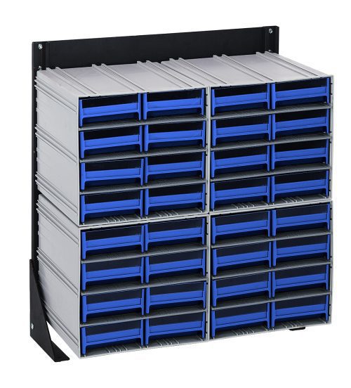 The Quantum Interlocking Storage Cabinets Floor Stand features a single-sided design, measuring 12D x 23-5/8W x 28H, with (32) blue drawers in five columns and four rows. Made from 14-gauge steel with a black coated finish, it includes finger grip handles for organizing small items.