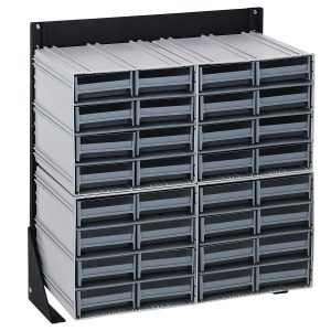 The Quantum Interlocking Storage Cabinet Floor Stand is a single-sided, wall-mounted unit with 32 gray drawers in a sleek black, 14-gauge steel frame. Measuring 12D x 23-5/8W x 28H and with a load capacity of 300 lbs, its ideal for organizing small items or tools. Includes: (4) Qic-83.