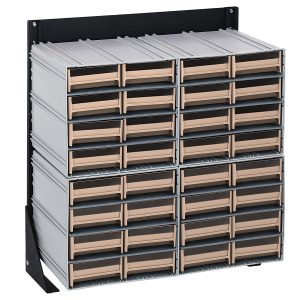 The Quantum Interlocking Storage Cabinet, a sleek wall-mounted unit, features 32 ivory drawers with transparent fronts for easy organization. Its interlocking system supports up to a 300 lbs. load capacity. The black-coated finish complements any space and includes (4) QIC-83 for enhanced versatility.