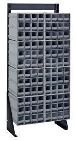 A tall black Quantum Interlocking Storage Cabinet floor stand, measuring 12D x 23-5/8W x 52H, features a grid of 96 small gray drawers for small items or components. This single-sided unit holds up to 300 lbs., includes space for (8) QIC-122, and has an open-fronted design with a black finish.