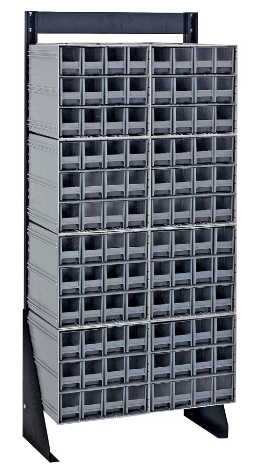 QIC-148-122_GY.jpg A tall black Quantum Interlocking Storage Cabinet floor stand, measuring 12D x 23-5/8W x 52H, features a grid of 96 small gray drawers for small items or components. This single-sided unit holds up to 300 lbs., includes space for (8) QIC-122, and has an open-fronted design with a black finish.