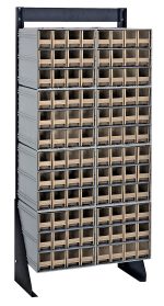 The Quantum Interlocking Storage Cabinets Floor Stand is a single-sided unit with 96 ivory drawers in five columns and twelve rows, each featuring a label slot. Measuring 12D x 23-5/8W x 52H, this black-coated steel rack supports up to 300 lbs., ideal for organizing small items.