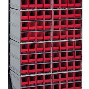The Quantum Interlocking Storage Cabinet Floor Stand is a single-sided unit measuring 12D x 23-5/8W x 52H, with a black coated finish and sturdy frame. It boasts 96 red drawers perfect for organizing small items and includes (8) QIC-122 to enhance functionality, supporting up to 300 lbs.