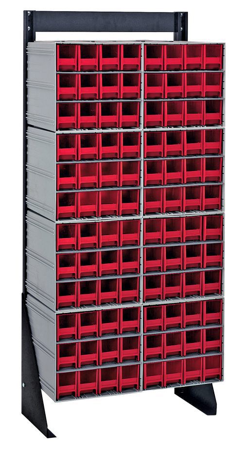 The Quantum Interlocking Storage Cabinet Floor Stand is a single-sided unit measuring 12D x 23-5/8W x 52H, with a black coated finish and sturdy frame. It boasts 96 red drawers perfect for organizing small items and includes (8) QIC-122 to enhance functionality, supporting up to 300 lbs.