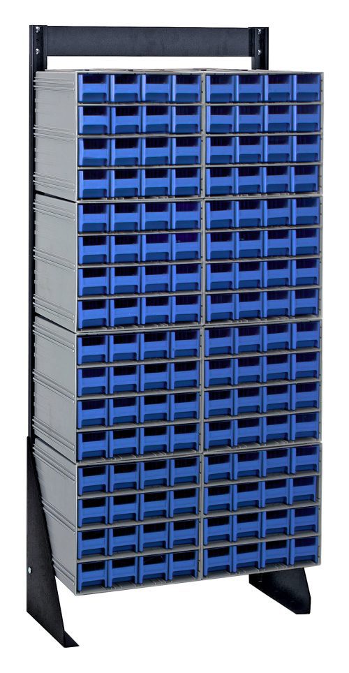 QIC-148-161_BL.jpg A Quantum Interlocking Storage Cabinet floor stand, single-sided and 52 high, with a 300 lbs load capacity features (128) blue drawers for organizing small items. The sturdy 14-gauge steel structure includes space for (8) QIC-161 components and has a black coated finish.