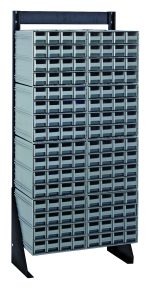 The Quantum Interlocking Storage Cabinets Floor Stand, with a black-coated steel finish, features 128 gray plastic drawers and includes eight QIC-161 compartments. This single-sided rack can hold up to 300 lbs and provides an ideal grid layout for organizing tools or small items.