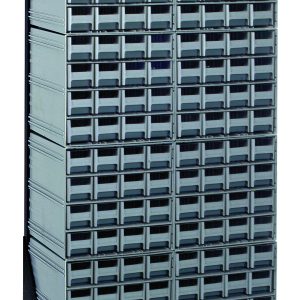 The Quantum Interlocking Storage Cabinets Floor Stand, with a black-coated steel finish, features 128 gray plastic drawers and includes eight QIC-161 compartments. This single-sided rack can hold up to 300 lbs and provides an ideal grid layout for organizing tools or small items.