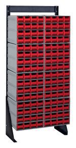 The Quantum Interlocking Storage Cabinets Floor Stand is single-sided, measures 12D x 23-5/8W x 52H, and has a load capacity of 300 lbs. It features a black-coated finish and includes (8) Qic-161 with (128) red drawers, made from 14-gauge steel to efficiently organize small items.