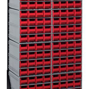 The Quantum Interlocking Storage Cabinets Floor Stand is single-sided, measures 12D x 23-5/8W x 52H, and has a load capacity of 300 lbs. It features a black-coated finish and includes (8) Qic-161 with (128) red drawers, made from 14-gauge steel to efficiently organize small items.