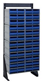 The Quantum Interlocking Storage Cabinet floor stand features a single-sided black-coated 14-gauge steel frame. It includes 8 QIC-64 units with 48 blue drawers, each organized in five columns and eight rows, making it a practical and efficient solution for organizing small items.