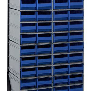 The Quantum Interlocking Storage Cabinet floor stand features a single-sided black-coated 14-gauge steel frame. It includes 8 QIC-64 units with 48 blue drawers, each organized in five columns and eight rows, making it a practical and efficient solution for organizing small items.