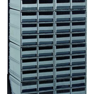 The Quantum Interlocking Storage Cabinets Floor Stand is freestanding with 48 gray drawers in a metallic design, measuring 12D x 23-5/8W x 52H. It features a black coated finish and supports up to a 300 lbs load capacity with its sturdy frame on angled black legs.
