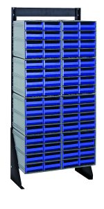 The Quantum Interlocking Storage Cabinet, single-sided at 12D x 23-5/8W x 52H, includes eight QIC-83 units with 64 blue drawers. Its black-coated steel frame ensures stability for organizing tools or parts, while drawers stay uniformly aligned. Suitable for up to a 300 lbs load capacity.