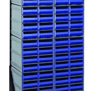 The Quantum Interlocking Storage Cabinet, single-sided at 12D x 23-5/8W x 52H, includes eight QIC-83 units with 64 blue drawers. Its black-coated steel frame ensures stability for organizing tools or parts, while drawers stay uniformly aligned. Suitable for up to a 300 lbs load capacity.