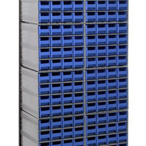 The Quantum Interlocking Storage Cabinets Floor Stand features a robust black-coated 14-gauge steel frame, measuring 12D x 23-5/8W x 75H. With 192 blue drawers and (12) QIC-161 units, it efficiently organizes workshop or garage spaces with a total load capacity of 300 lbs.