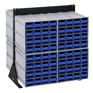 The Quantum Interlocking Storage Cabinets Floor Stand is a double-sided gray metal rack with 128 blue drawers, measuring 24D x 23-5/8W x 28H. It includes (8) QIC-161 and is supported by black triangular side stands, providing a sturdy solution for organizing small items.