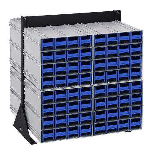The Quantum Interlocking Storage Cabinets Floor Stand is a double-sided gray metal rack with 128 blue drawers, measuring 24D x 23-5/8W x 28H. It includes (8) QIC-161 and is supported by black triangular side stands, providing a sturdy solution for organizing small items.