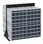 The Quantum Interlocking Storage Cabinets Floor Stand, double-sided and boasting 128 gray drawers, features two stacked columns with sturdy black finish steel brackets. Measuring 24D x 23-5/8W x 28H, it efficiently organizes tools with an impressive 750 lbs. load capacity.