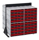 The Quantum Interlocking Storage Cabinets Floor Stand features a modular design with eight QIC-161 units, totaling 128 vibrant red drawers. Its metallic gray frame and black-coated steel supports offer efficient small item organization, with dimensions of 24D x 23-5/8W x 28H and a 750 lbs. capacity.