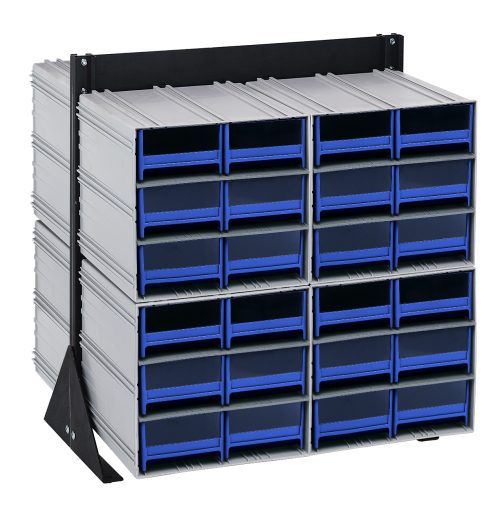 The Quantum Interlocking Storage Cabinets Floor Stand is a double-sided rack with a 750 lbs. load capacity, measuring 24D x 23-5/8W x 28H. It includes (48) blue drawers supported by a black-coated finish and contains (8) Qic-64 units to efficiently organize tools or small parts.