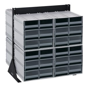 The Quantum Interlocking Storage Cabinets Floor Stand features a sleek black frame with 48 gray drawers in a double-sided 3x4 modular design. Made from 14-gauge steel, it holds up to 750 lbs and measures 24D x 23-5/8W x 28H.