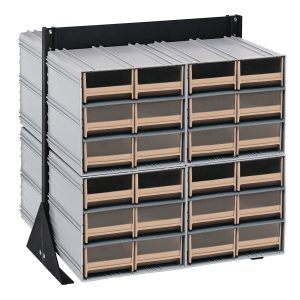 The Quantum Interlocking Storage Cabinets Floor Stand has a double-sided design with 48 ivory drawers and measures 24D x 23-5/8W x 28H. Featuring a black coated finish on its durable 14 gauge steel frame, it supports up to 750 lbs.