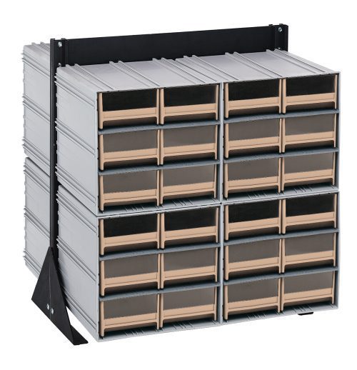 The Quantum Interlocking Storage Cabinets Floor Stand has a double-sided design with 48 ivory drawers and measures 24D x 23-5/8W x 28H. Featuring a black coated finish on its durable 14 gauge steel frame, it supports up to 750 lbs.