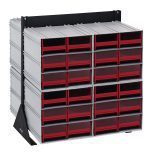 The Quantum Interlocking Storage Cabinets Floor Stand features a double-sided design with 48 red drawers and black handles. It stands on two black triangular supports, includes eight QIC-64 units, and offers a 750 lbs. load capacity with a sleek silver frame in a durable 14-gauge steel construction.