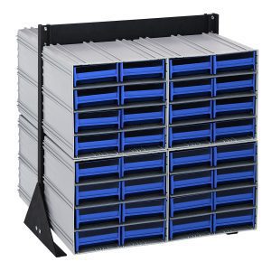 The Quantum Interlocking Storage Cabinets Floor Stand, featuring a durable black-coated 14-gauge steel frame, offers double-sided organization with 64 blue drawers for essential storage. It measures 24D x 23-5/8W x 28H and supports up to 750 lbs.