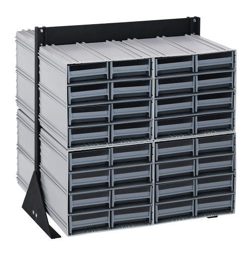The Quantum Interlocking Storage Cabinets Floor Stand is a double-sided organizer with 64 gray drawers in a black-coated 14-gauge steel frame, measuring 24D x 23-5/8W x 28H. With its stackable design and high load capacity, it efficiently organizes small items in four columns and three rows.