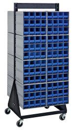 The Quantum Interlocking Storage Cabinets Floor Stand is a double-sided unit with 192 blue drawers, interlocking for secure storage, set on a sturdy black 14-gauge steel frame, and equipped with four caster wheels for mobility; dimensions are 24D x 23-5/8W x 52H with a load capacity of 750 lbs.